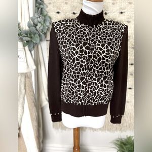 St John by Marie Gray brown giraffe zip up sweater jacket size 2